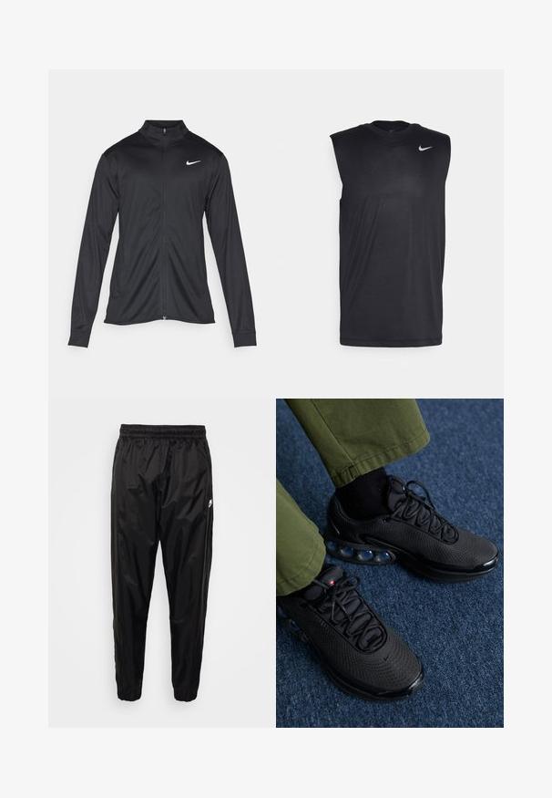 Juodas sportinis švarkas su ilgomis rankovėmis, apykakle ir pilnu užtrauktuku. Yra subtilus baltas Nike logotipas kairėje krūtinės pusėje. Lygus tekstūra.; Juodas be rankovių sportinis marškinėlis, pagamintas iš lygaus audinio, su apvalia iškirpte ir mažuoju baltu "Nike" swoosh logotipu kairėje viršutinėje pusėje.; Juodos treniruoklių kelnės, pagamintos iš lengvo, blizgaus materiolio, su elasticiniu juosmeniu, siaurėjančiu siluetu ir užtrauktukais užsegamomis kišenėmis. Su logotipo akcentu.; Juodi sportiniai batai su tinkliniais įdėklais, tekstūruota paviršiumi ir matomais oro pagalvėlėmis. Derinami su alyvuogių spalvos kelnėmis ir juodomis kojinėmis.