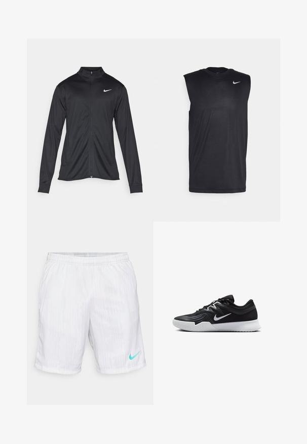 Veste de sport noire à manches longues, avec col et fermeture éclair intégrale. Présente un logo Nike subtil en blanc sur le côté supérieur gauche de la poitrine. Texture lisse.; T-shirt de sport sans manches de couleur noire, fabriqué en tissu lisse, avec un col rond et un petit logo swoosh Nike blanc sur le côté supérieur gauche.; Shorts de sport blancs avec un motif texturé, taille élastique, poches latérales et un logo Nike turquoise en bas à droite.; Chaussure de sport noire avec une tige texturée, un swoosh blanc de Nike et une semelle extérieure en caoutchouc blanc. Elle présente un design à lacets et une forme dynamique.