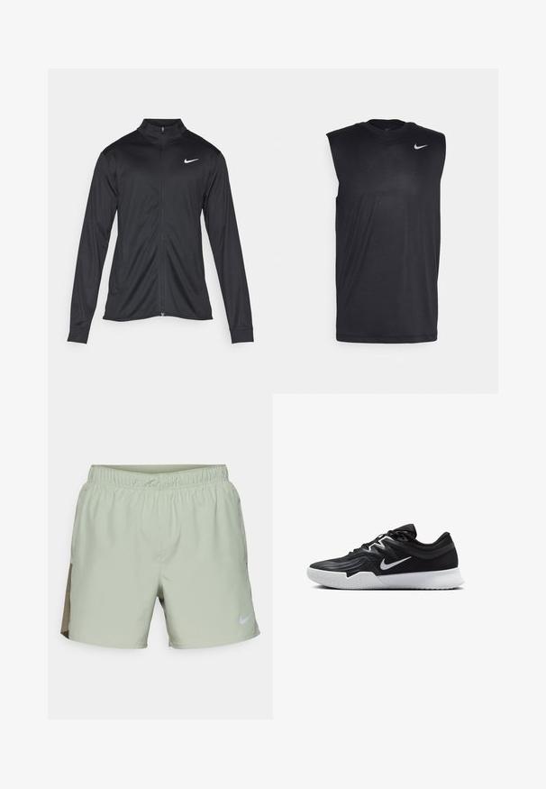 Juodas sportinis švarkas su ilgomis rankovėmis, apykakle ir pilnu užtrauktuku. Yra subtilus baltas Nike logotipas kairėje krūtinės pusėje. Lygus tekstūra.; Juodas be rankovių sportinis marškinėlis, pagamintas iš lygaus audinio, su apvalia iškirpte ir mažuoju baltu "Nike" swoosh logotipu kairėje viršutinėje pusėje.; Nike Performance CHALLENGER SHORT - Sportiniai šortai - jade horizon/medium olive/black/reflective silver; Juodos sportinės bateliai su tekstūruota viršutine dalimi, balta Nike swoosh ir balta gumine išorine dalimi. Yra su raištelių užsegimo dizainu ir dinamine forma.