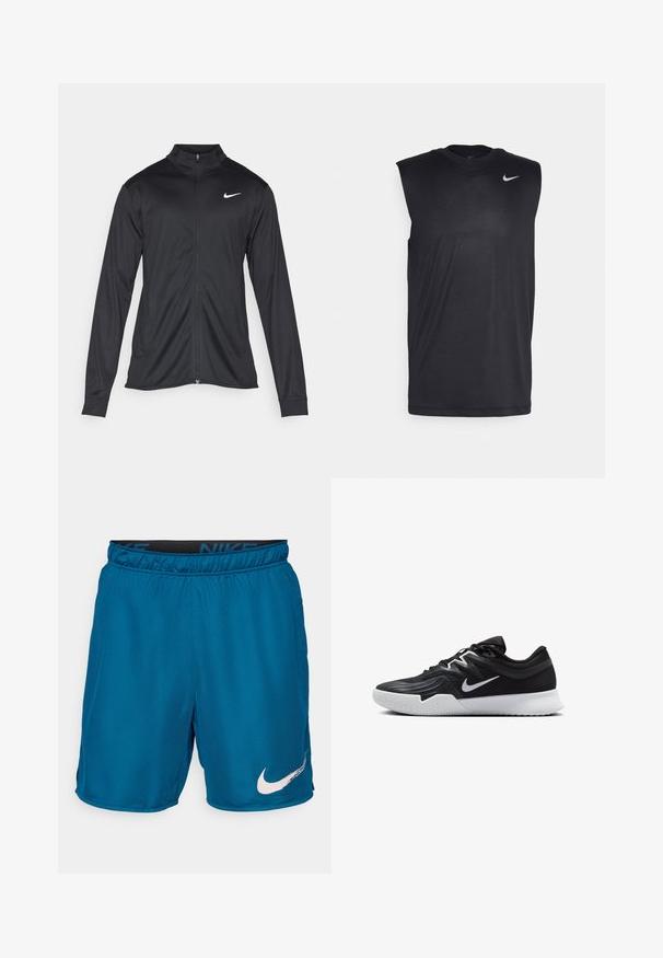 Zwarte sportjack met lange mouwen, kraag en volle rits. Voorzien van een subtiele Nike-logo in het wit op de bovenste linkerborst. Soepele textuur.; Zwarte mouwloze sportshirt gemaakt van gladde stof, met een ronde hals en een klein wit Nike swooshlogo aan de bovenlinkerkant.; Blauwe Nike sportshorts met elastische tailleband en wit swoosh-logo op het linkerbeen tegen een effen achtergrond.; Zwarte sportieve schoen met een gestructureerde bovenkant, witte Nike swoosh en een witte rubberen zool. Beschikt over een veterontwerp en een dynamische vorm.