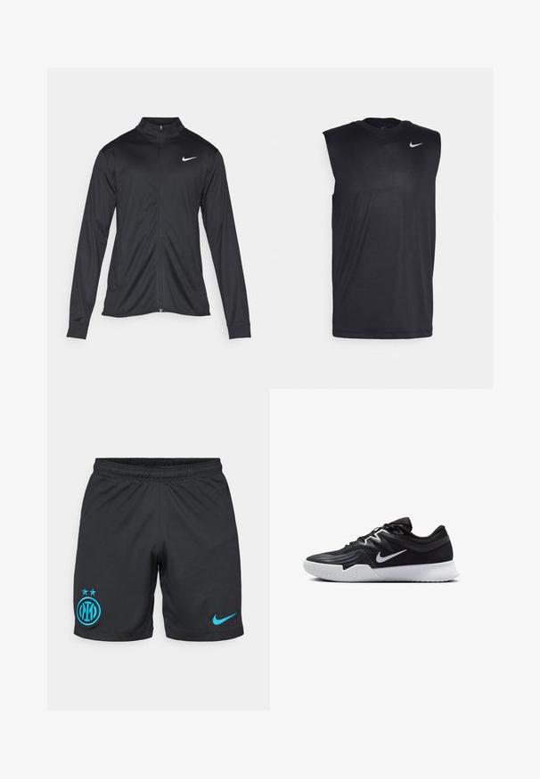 Czarna sportowa kurtka z długimi rękawami, kołnierzem i pełnym zamkiem. Posiada subtelne logo Nike w białym kolorze na lewej górnej części klatki piersiowej. Gładka tekstura.; Czarna bezrękawnikowa koszulka sportowa wykonana z gładkiego materiału, z okrągłym dekoltem i małym białym logo Nike w kształcie smoka na górnej lewej stronie.; Czarne spodenki piłkarskie wykonane z oddychającego materiału, z niebieskim logo Interu Mediolan z dwiema gwiazdkami oraz małym niebieskim znakiem Nike z boku.; Czarne buty sportowe z teksturowaną cholewką, białym logo Nike i białą gumową podeszwą. Charakteryzują się sznurowanym zapięciem i dynamicznym kształtem.