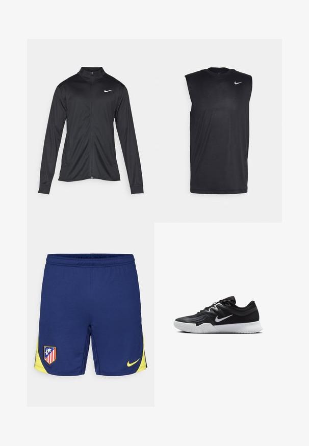 Giacca sportiva nera con maniche lunghe, colletto e zip completa. Presenta un logo Nike in bianco sulla parte superiore del lato sinistro del petto. Tessuto morbido.; Maglietta atletica nera senza maniche realizzata in materiale liscio, con colletto tondo e un piccolo logo Nike swoosh bianco sul lato sinistro superiore.; Pantaloni sportivi blu navy con accenti gialli, dotati di una toppa con il logo della squadra e un piccolo swoosh Nike. Realizzati in tessuto traspirante.; Scarpa sportiva nera con tomaia testurizzata, logo Nike swoosh bianco e suola in gomma bianca. Presenta un design con lacci e una forma dinamica.