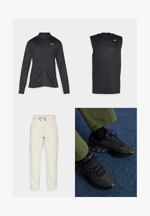 Black athletic jacket with long sleeves, collar, and full zipper. Features a subtle Nike logo in white on the upper left chest. Smooth texture.; Black sleeveless athletic shirt made of smooth fabric, featuring a round neck and a small white Nike swoosh logo on the upper left side.; Light beige corduroy trousers with a drawstring waistband, side pockets, and a relaxed fit, featuring ribbed texture and tapered legs.; Black athletic shoes with a mesh upper, textured surface, and visible air cushioning pods. Paired with olive green pants and black socks.