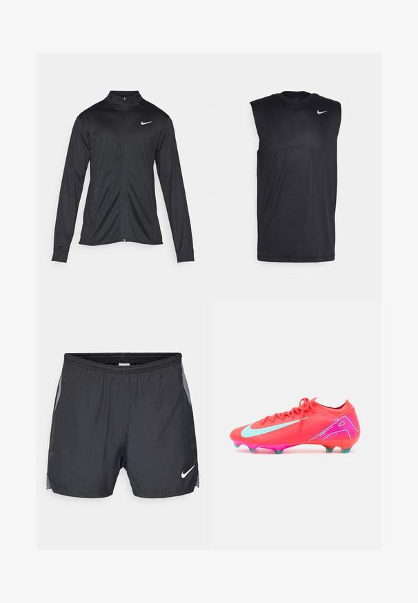 Musta urheilutakki pitkillä hihoilla, kauluksella ja kokonaisella vetoketjulla. Täydentää hienovarainen Nike-logo valkoisena vasemmassa ylärinnassa. Litteä pinta.; Musta hihaton urheilupaita, joka on valmistettu sileästä kankaasta. Paidassa on pyöreä pääntie ja pieni valkoinen Nike-tikkusuora logo vasemmalla ylhäällä.; Mustat urheilushortsit, joissa on verkkopaneeli sivuilla ja joustava vyötärö. Valkoinen logo alhaalla edessä. Kevyt kangas.; Jalkapallokengät kirkkaan vaaleanpunaiset, joissa on teksturoitu pinta, vaaleansiniset korostukset ja virtaviivainen muotoilu. Varustettu vaaleanpunaisella pohjalla ja teal-värisillä napeilla.
