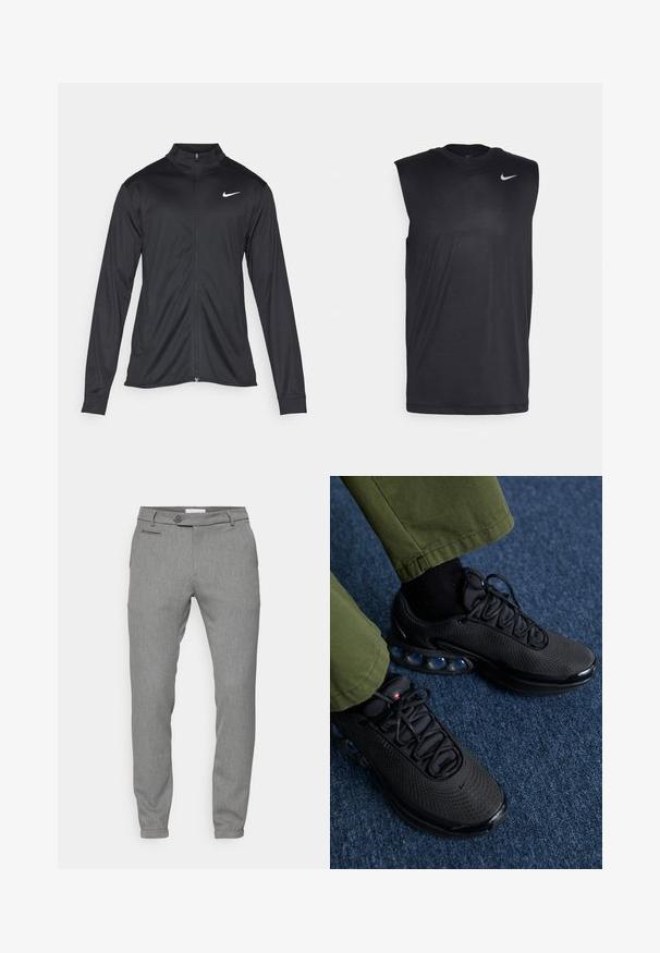 Svart idrettsjakke med lange ermer, krage og full glidelås. Har en subtil Nike-logo i hvitt på øvre venstre bryst. Glatt tekstur.; Svart ermeløs treningsskjorte laget av glatt stoff, med rund hals og en liten hvit Nike swoosh-logo på øvre venstre side.; Grå bukser med en strukturert, vevd stoff; slim fit; femlommers design; knappelukking; smale ankler; subtilt mønster.; Svarte treningssko med mesh-overdel, teksturert overflate og synlige luftputepoder. Parret med olivengrønne bukser og svarte sokker.