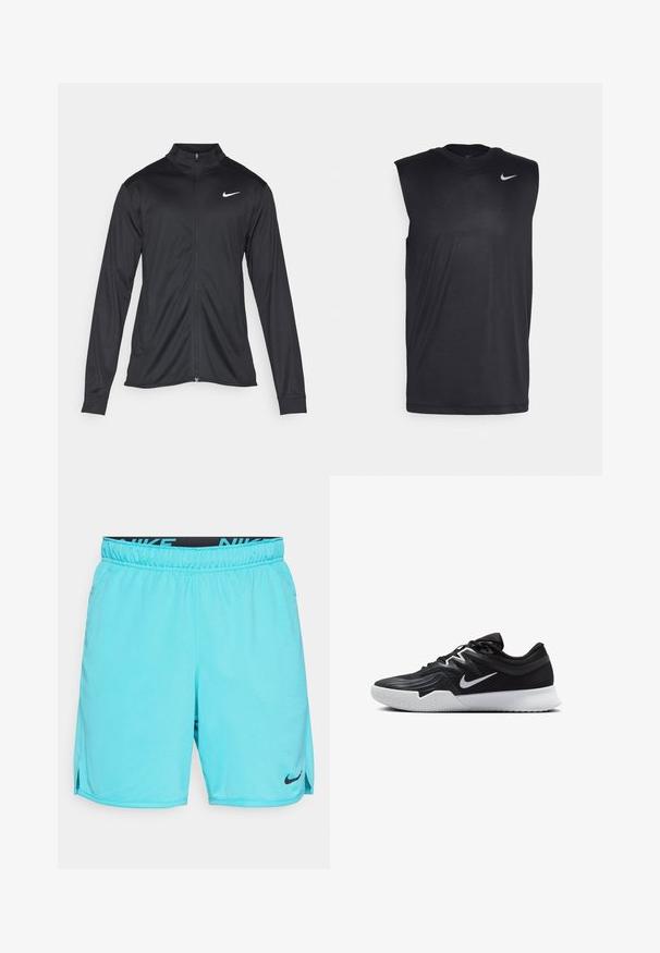 Schwarze Sportjacke mit langen Ärmeln, Kragen und voller Reißverschluss. Verfügt über ein dezentes Nike-Logo in Weiß auf der oberen linken Brust. Glatte Textur.; Schwarzes ärmelloses Sportshirt aus glattem Material, mit rundem Ausschnitt und kleinem weißen Nike-Swoosh-Logo an der oberen linken Seite.; Türkisblaue Sportshorts, leichtes Material, elastischer Bund mit schwarzem "NIKE"-Logo, seitliche Schlitze am Saum für Beweglichkeit, einfaches Design.; Schwarzer Sportschuh mit strukturiertem Obermaterial, weißem Nike-Warenzeichen und einer weißen Gummisohle. Verfügt über ein Schnürdesign und eine dynamische Form.