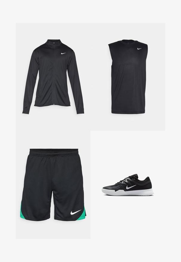 Crna sportska jakna s dugim rukavima, ovratnikom i punim patentnim zatvaračem. Ima suptilan Nike logo u bijeloj boji na gornjem lijevom dijelu prsne oznake. Glatka tekstura.; Crni bezrukavni sportski dukserica izrađena od glatkog materijala, s okruglim izrezom i malim bijelim Nike swoosh logotipom na gornjoj lijevoj strani.; Nike Performance STRIKE SHORT - Sportske kratke hlače - black/stadium green/white; Crna sportska cipela s teksturiranim gornjim dijelom, bijelim Nike swooshom i bijelim gumennim potplatom. Ima dizajn s vezanjem i dinamičan oblik.