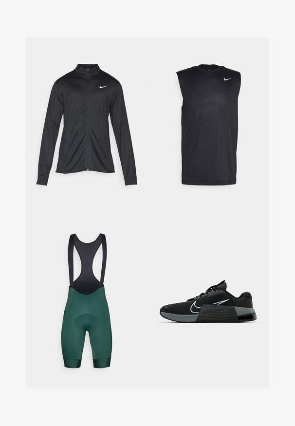Czarna sportowa kurtka z długimi rękawami, kołnierzem i pełnym zamkiem. Posiada subtelne logo Nike w białym kolorze na lewej górnej części klatki piersiowej. Gładka tekstura.; Czarna bezrękawnikowa koszulka sportowa wykonana z gładkiego materiału, z okrągłym dekoltem i małym białym logo Nike w kształcie smoka na górnej lewej stronie.; Zielone szorty rowerowe z czarnymi ramiączkami, wyposażone w wyściełany obszar w kroczu i gładką teksturę. Projekt zawiera siateczkowy tył dla wentylacji.; Czarny but sportowy z siateczkową cholewką, szarymi akcentami i teksturowaną podeszwą środkową. Posiada wyraźne logo i sznurowaną konstrukcję. Gumowa podeszwa zewnętrzna zapewnia przyczepność.