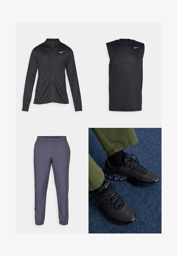 Chaqueta atlética negra con mangas largas, collar y cremallera completa. Presenta un sutil logo de Nike en blanco en la parte superior izquierda del pecho. Textura suave.; Camiseta atlética negra sin mangas, hecha de una tela suave, con cuello redondo y un pequeño logo Swoosh de Nike en blanco en la parte superior izquierda.; Pantalones deportivos grises con cintura elástica, piernas ajustadas y dobladillos acampanados. Textura suave y minimalismo en la marca en el lateral.; Zapatillas deportivas negras con parte superior de malla, superficie texturizada y almohadillas de amortiguación de aire visibles. Combinadas con pantalones verde oliva y calcetines negros.