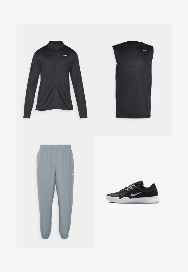 Czarna sportowa kurtka z długimi rękawami, kołnierzem i pełnym zamkiem. Posiada subtelne logo Nike w białym kolorze na lewej górnej części klatki piersiowej. Gładka tekstura.; Czarna bezrękawnikowa koszulka sportowa wykonana z gładkiego materiału, z okrągłym dekoltem i małym białym logo Nike w kształcie smoka na górnej lewej stronie.; Jasnoszare dresy z elastycznym pasem, bocznymi kieszeniami i zwężanymi mankietami. Zawierają małe białe logo Nike. Gładka struktura.; Czarne buty sportowe z teksturowaną cholewką, białym logo Nike i białą gumową podeszwą. Charakteryzują się sznurowanym zapięciem i dynamicznym kształtem.