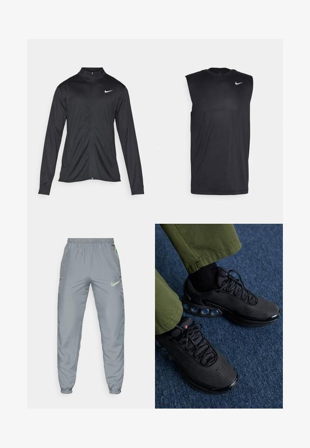 Sort atletisk jakke med lange ærmer, krave og fuld lynlås. Har et diskret Nike-logo i hvidt på den øverste venstre side af brystet. Glat tekstur.; Sort ærmeløs træningsskjorte lavet af glat stof med rund hals og et lille hvidt Nike swoosh-logo på den øverste venstre side.; Nike træningsbukser i grå polyester med elastisk talje, tapered manchetter og neongrønne sidelængder; har logo på forsiden til højre.; Sorte sportssko med mesh-overdel, tekstureret overflade og synlige luftpolstringselementer. Kombineret med olivengrønne bukser og sorte sokker.