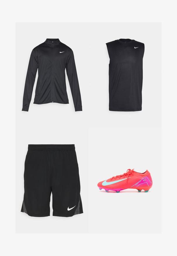 Crna sportska jakna s dugim rukavima, ovratnikom i punim patentnim zatvaračem. Ima suptilan Nike logo u bijeloj boji na gornjem lijevom dijelu prsne oznake. Glatka tekstura.; Crni bezrukavni sportski dukserica izrađena od glatkog materijala, s okruglim izrezom i malim bijelim Nike swoosh logotipom na gornjoj lijevoj strani.; Crne atletske kratke hlače od laganog materijala, sa teksturiranim uzorkom, bočnim prorezima i bijelim Nike logotipom na donjoj lijevoj strani.; Sjajni ružičasti nogometni kopački s teksturiranim gornjim dijelom, svijetloplavim naglascima i elegantnim dizajnom. Imaju ružičastu potplatu s tirkiznim srebrnjacima.
