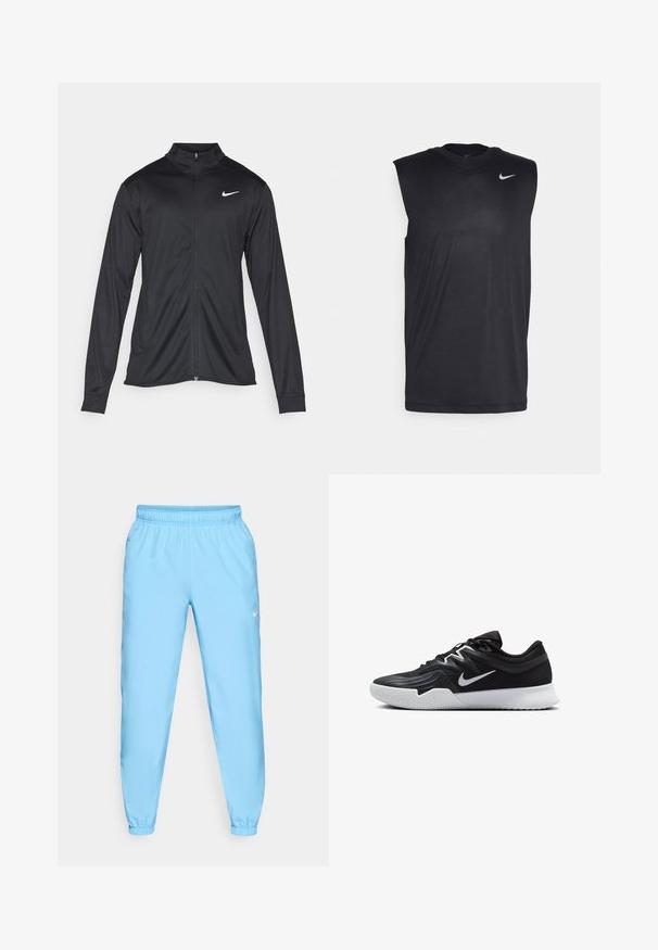 Jacket desportivo preto com mangas longas, colarinho e fecho zip completo. Apresenta um discreto logotipo da Nike em branco na parte superior do lado esquerdo do peito. Textura suave.; Camiseta atlética preta sem mangas, feita de um tecido liso, com gola redonda e um pequeno logotipo da Nike na parte superior esquerda.; Nike Performance FORM PANT - Calças de fato de treino - university blue/black/reflective silver; Sapatilha atlética preta com um cabedal texturizado, swoosh branco da Nike e uma sola de borracha branca. Apresenta um design com atacadores e uma forma dinâmica.
