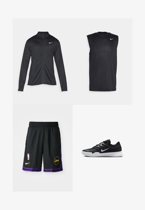 Jacket desportivo preto com mangas longas, colarinho e fecho zip completo. Apresenta um discreto logotipo da Nike em branco na parte superior do lado esquerdo do peito. Textura suave.; Camiseta atlética preta sem mangas, feita de um tecido liso, com gola redonda e um pequeno logotipo da Nike na parte superior esquerda.; Calções de basquetebol pretos com tecido texturizado, apresentando um contorno roxo, o logótipo da NBA, o swoosh da Nike em amarelo e um gráfico dos Lakers em amarelo.; Sapatilha atlética preta com um cabedal texturizado, swoosh branco da Nike e uma sola de borracha branca. Apresenta um design com atacadores e uma forma dinâmica.