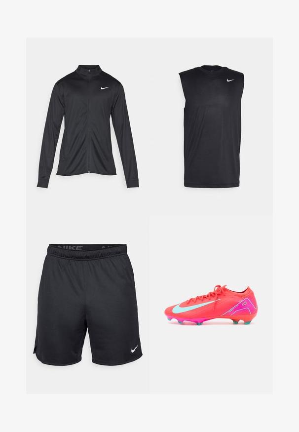 Crna sportska jakna s dugim rukavima, ovratnikom i punim patentnim zatvaračem. Ima suptilan Nike logo u bijeloj boji na gornjem lijevom dijelu prsne oznake. Glatka tekstura.; Crni bezrukavni sportski dukserica izrađena od glatkog materijala, s okruglim izrezom i malim bijelim Nike swoosh logotipom na gornjoj lijevoj strani.; Crne Nike kratke hlače s elastičnim pojasom, bočnim prorezima i bijelim Nike logom na donjem rubu. Napravljene od laganog, teksturiranog materijala.; Sjajni ružičasti nogometni kopački s teksturiranim gornjim dijelom, svijetloplavim naglascima i elegantnim dizajnom. Imaju ružičastu potplatu s tirkiznim srebrnjacima.