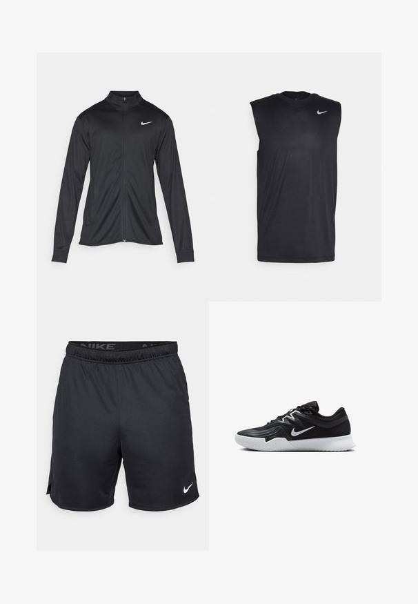 Melna sporta jaka ar garām piedurknēm, apkakli un pilnu rāvējslēdzēju. Uz kreisā krūts augšdaļas ir maigs Nike logo baltā krāsā. Gluda tekstūra.; Melna bezpiedurkņu sporta krekls, izgatavots no gludas auduma, ar apaļu kakla izgriezumu un mazu baltu Nike swoosh logotipu augšējā kreisajā stūrī.; Melni Nike šorti ar elastīgu jostasvietu, sānu šķēlumiem un baltu Nike logotipu apakšējā malā. Izgatavoti no viegla, teksturēta auduma.; Melni sporta apavi ar teksturētu virsu, balto Nike zulumu un balto gumijas zoli. Iezīmējas ar auklu pievilkšanas dizainu un dinamisku formu.