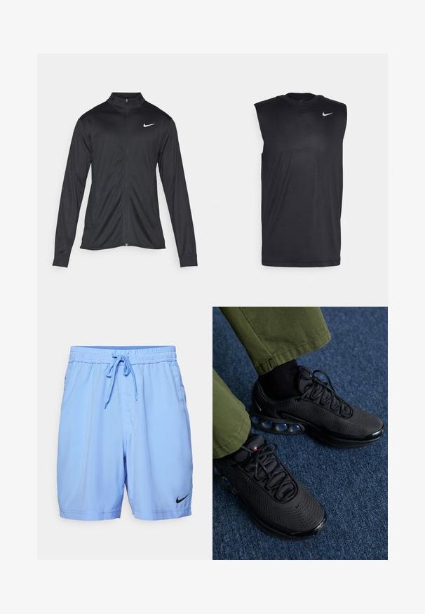 Czarna sportowa kurtka z długimi rękawami, kołnierzem i pełnym zamkiem. Posiada subtelne logo Nike w białym kolorze na lewej górnej części klatki piersiowej. Gładka tekstura.; Czarna bezrękawnikowa koszulka sportowa wykonana z gładkiego materiału, z okrągłym dekoltem i małym białym logo Nike w kształcie smoka na górnej lewej stronie.; Jasnoniebieskie spodenki sportowe wykonane z gładkiego materiału, z elastycznym pasem z sznurkiem, kieszeniami bocznymi i czarnym logo Nike.; Czarne buty sportowe z siateczkową cholewką, teksturowaną powierzchnią i widocznymi poduszkami powietrznymi. W zestawie z oliwkowymi spodniami i czarnymi skarpetkami.