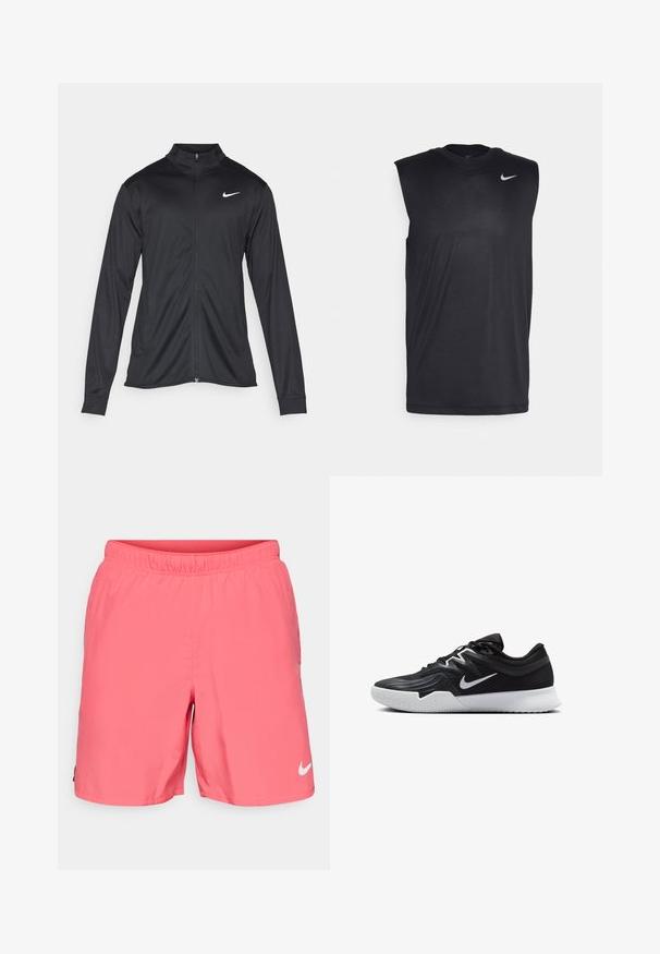 Juodas sportinis švarkas su ilgomis rankovėmis, apykakle ir pilnu užtrauktuku. Yra subtilus baltas Nike logotipas kairėje krūtinės pusėje. Lygus tekstūra.; Juodas be rankovių sportinis marškinėlis, pagamintas iš lygaus audinio, su apvalia iškirpte ir mažuoju baltu "Nike" swoosh logotipu kairėje viršutinėje pusėje.; Nike Performance CHALLENGER SHORT - Sportiniai šortai - aster pink/dark pony/black/reflective silver; Juodos sportinės bateliai su tekstūruota viršutine dalimi, balta Nike swoosh ir balta gumine išorine dalimi. Yra su raištelių užsegimo dizainu ir dinamine forma.