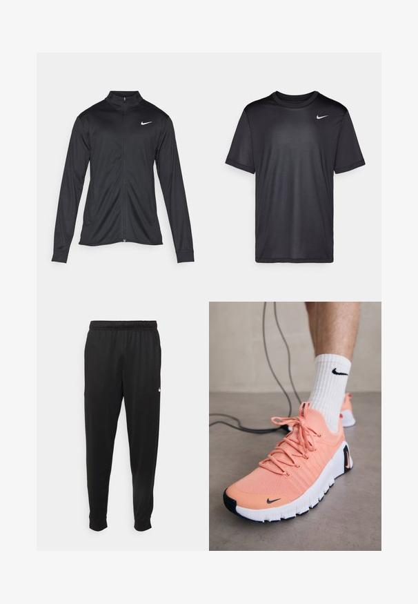 Fekete sportdzseki hosszú ujjal, gallérral és teljes cipzárral. Diszkrét fehér Nike logóval az upper bal mellen. Sima textúra.; Fekete sportpóló rövid ujjakkal, kerek nyakkal, sima anyagból készült. Az elülső bal felső részen egy kis fehér Nike logó található.; Fekete sportos nadrág sima anyagból, rugalmas derékkal, szűkülő lábakkal és egy kis fehér logóval a bal oldalon.; A Nike sportcipő könnyű, barack színű hálós felsőrésszel, fehér talppal, fekete kiegészítőkkel és rózsaszín fűzőkkel rendelkezik. A dizájn minimalista.
