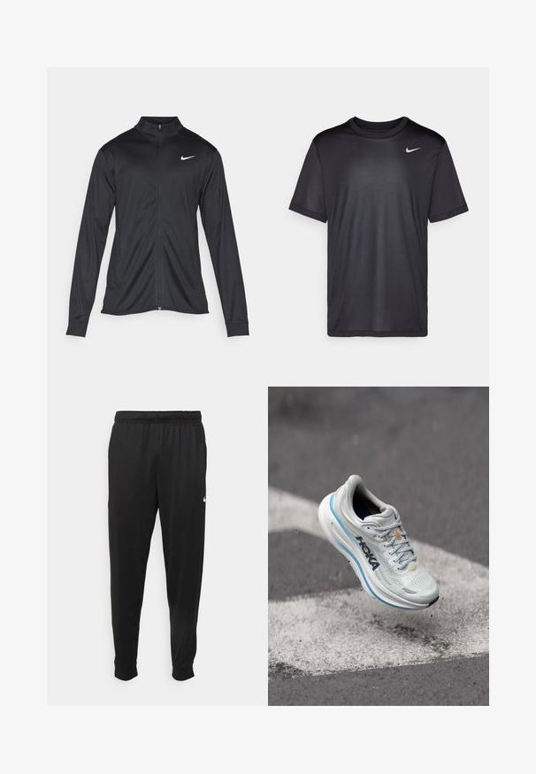Svart idrettsjakke med lange ermer, krage og full glidelås. Har en subtil Nike-logo i hvitt på øvre venstre bryst. Glatt tekstur.; Svart idretts-t-skjorte med korte ermer, rund hals, laget av glatt stoff. Har en liten hvit Nike-logo øverst til venstre.; Svarte treningsbukser laget av glatt stoff, med elastisk midje, smale ben og en liten hvit logo på venstre side.; Lys grå joggesko med et pustende mesh-overside, oransje detaljer og en tykk hvit såle med blå kant. Lett design.