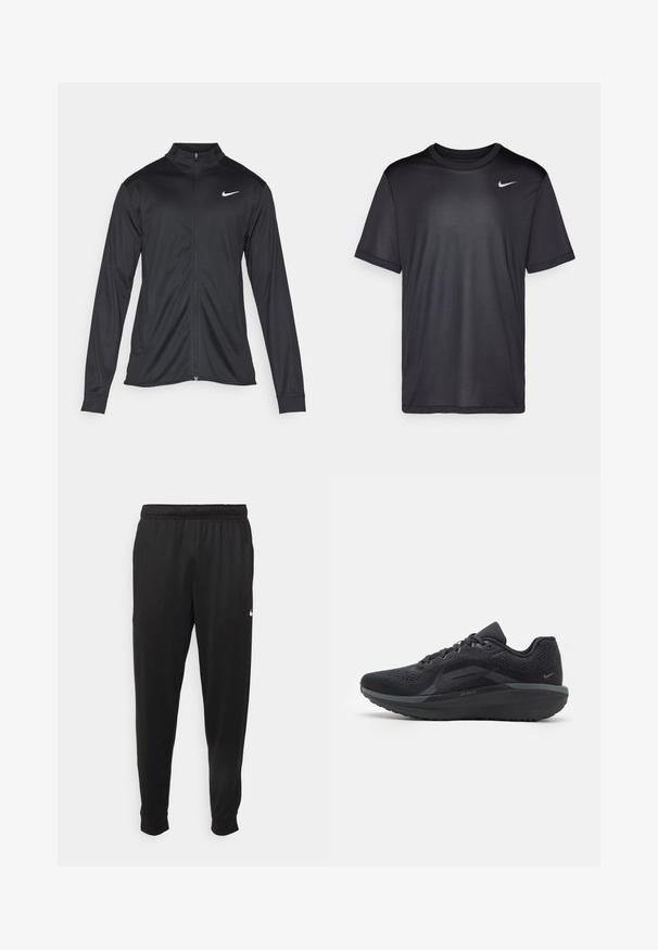 Svart idrettsjakke med lange ermer, krage og full glidelås. Har en subtil Nike-logo i hvitt på øvre venstre bryst. Glatt tekstur.; Svart idretts-t-skjorte med korte ermer, rund hals, laget av glatt stoff. Har en liten hvit Nike-logo øverst til venstre.; Svarte treningsbukser laget av glatt stoff, med elastisk midje, smale ben og en liten hvit logo på venstre side.; Svart idrettssko med pustende mesh-overdel, teksturerte detaljer, polstret såle og reflekterende accenter. Sidevisningen viser det strømlinjeformede designet.