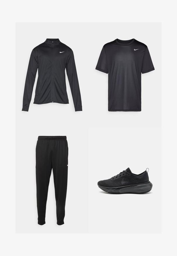Svart idrettsjakke med lange ermer, krage og full glidelås. Har en subtil Nike-logo i hvitt på øvre venstre bryst. Glatt tekstur.; Svart idretts-t-skjorte med korte ermer, rund hals, laget av glatt stoff. Har en liten hvit Nike-logo øverst til venstre.; Svarte treningsbukser laget av glatt stoff, med elastisk midje, smale ben og en liten hvit logo på venstre side.; Svart løpesko med teksturert strikket overdel, flate lisser og en tykk polstret såle. Har en løkke ved hælen for enkel påkledning.