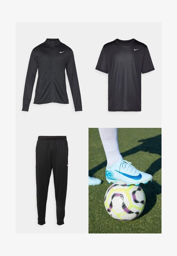 Crna sportska jakna s dugim rukavima, ovratnikom i punim patentnim zatvaračem. Ima suptilan Nike logo u bijeloj boji na gornjem lijevom dijelu prsne oznake. Glatka tekstura.; Crna atletska majica kratkih rukava, okruglog izreza, napravljena od glatkog materijala. Ima mali bijeli Nike logo na gornjem lijevom dijelu.; Crne atletske hlače od glatkog materijala, s elastičnom pasicom, sužavajućim nogavicama i malim bijelim logom na lijevoj strani.; Svijetloplavi nogometni kopački Nike sa plavim swoosh uzorkom, odloženi na šareni nogometni lopti s zelenim, ljubičastim i crnim naglascima.