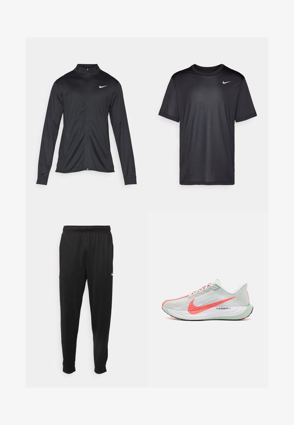 Giacca sportiva nera con maniche lunghe, colletto e zip completa. Presenta un logo Nike in bianco sulla parte superiore del lato sinistro del petto. Tessuto morbido.; Maglietta atletica nera a maniche corte, con collo rotondo, realizzata in tessuto liscio. Presenta un piccolo logo Nike bianco sulla parte superiore sinistra.; Pantaloni sportivi neri realizzati in tessuto liscio, con una vita elastica, gambe affusolate e un piccolo logo bianco sul lato sinistro.; Scarpa da corsa leggera con tomaia in rete traspirante di colore grigio chiaro, impreziosita da un logo swoosh corallo brillante e una suola intermedia con ammortizzazione.