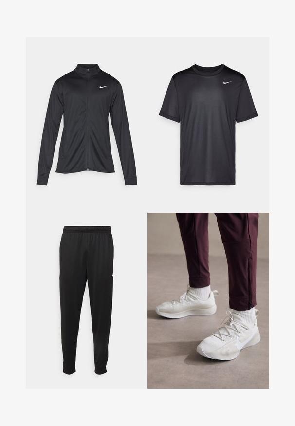 Veste de sport noire à manches longues, avec col et fermeture éclair intégrale. Présente un logo Nike subtil en blanc sur le côté supérieur gauche de la poitrine. Texture lisse.; T-shirt de sport noir à manches courtes, col rond, fabriqué en tissu lisse. Il présente un petit logo Nike blanc en haut à gauche.; Pantalon de sport noir en tissu lisse, avec une taille élastique, des jambes fuselées et un petit logo blanc sur le côté gauche.; Baskets de sport blanches avec une surface texturée, présentant des accents gris, des lacets plats et le logo Nike, accompagnées de pantalons de sport bordeaux et de chaussettes blanches.