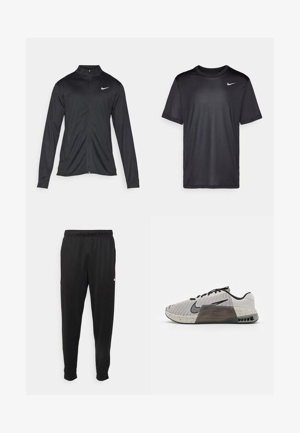 Jachetă sportivă neagră cu mâneci lungi, guler și fermoar complet. Prezintă un logo Nike subtil, alb, pe pieptul din stânga sus. Textură netedă.; Tricou sportiv negru cu mâneci scurte, guler rotund, confecționat dintr-un material neted. Prezintă un mic logo alb Nike în colțul din stânga sus.; Pantaloni sportivi negri dintr-o țesătură netedă, cu un elastic la brâu, picioare conice și un mic logo alb pe partea stângă.; Încălțăminte sport pentru bărbați din plasă gri cu accente negre, având o talpă crem cu model stropit și un suport transparent pentru călcâi cu ventilație.