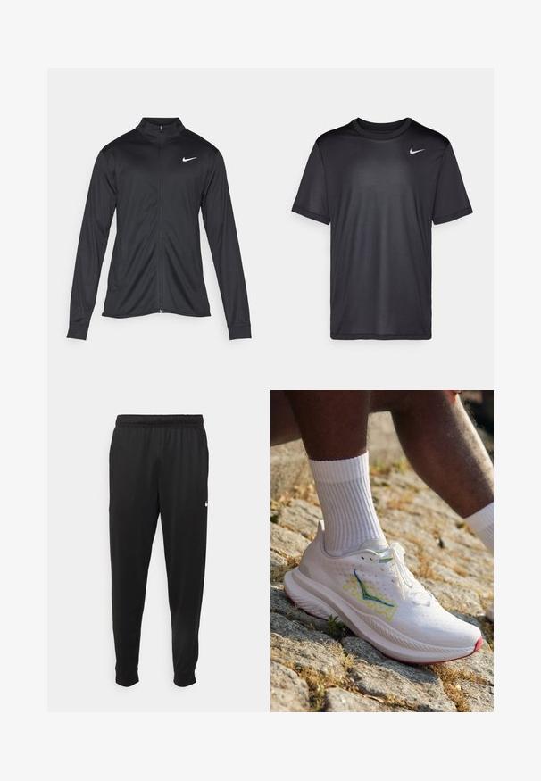 Fekete sportdzseki hosszú ujjal, gallérral és teljes cipzárral. Diszkrét fehér Nike logóval az upper bal mellen. Sima textúra.; Fekete sportpóló rövid ujjakkal, kerek nyakkal, sima anyagból készült. Az elülső bal felső részen egy kis fehér Nike logó található.; Fekete sportos nadrág sima anyagból, rugalmas derékkal, szűkülő lábakkal és egy kis fehér logóval a bal oldalon.; HOKA MACH 6 - Utcai futócipők - white/nimbus cloud