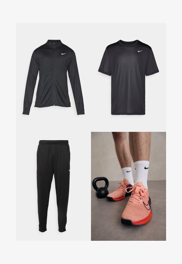 Sort atletisk jakke med lange ærmer, krave og fuld lynlås. Har et diskret Nike-logo i hvidt på den øverste venstre side af brystet. Glat tekstur.; Sort atletisk T-shirt med korte ærmer, rund hals, lavet af glat stof. Har et lille hvidt Nike-logo på øverste venstre side.; Sorte atletiske bukser lavet af glat stof, med elastisk talje, smalnende ben og et lille hvidt logo på venstre side.; Nike træningssko i lyserød mesh med sorte accenter. Har tykke snørebånd, polstret plade og tekstureret sål. Hvide sokker med logo. Sort kettlebell i nærheden.