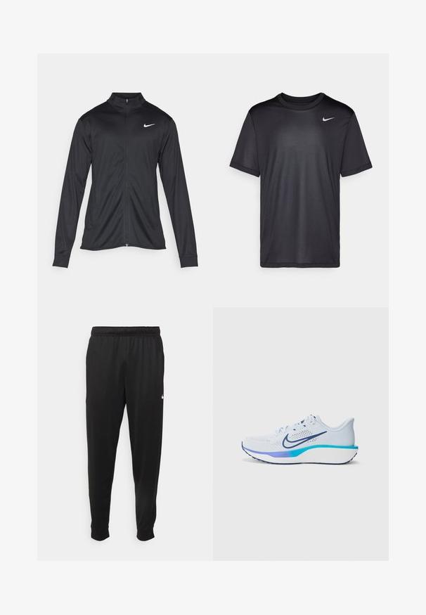 Giacca sportiva nera con maniche lunghe, colletto e zip completa. Presenta un logo Nike in bianco sulla parte superiore del lato sinistro del petto. Tessuto morbido.; Maglietta atletica nera a maniche corte, con collo rotondo, realizzata in tessuto liscio. Presenta un piccolo logo Nike bianco sulla parte superiore sinistra.; Pantaloni sportivi neri realizzati in tessuto liscio, con una vita elastica, gambe affusolate e un piccolo logo bianco sul lato sinistro.; Scarpa da corsa blu chiaro con tomaia in rete traspirante, intersuola bianca e dettagli colorati in blu e acquamarina. Presenta un vistoso logo swoosh.