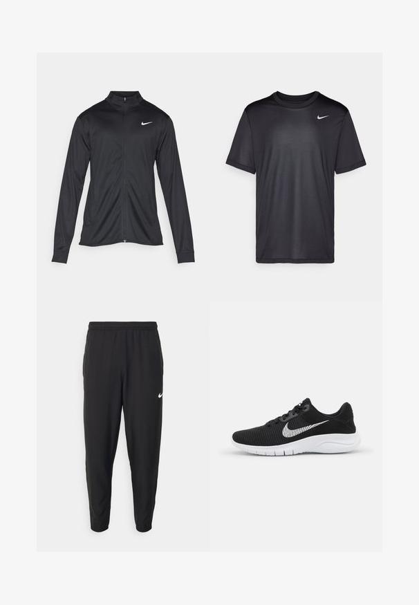 Jacket desportivo preto com mangas longas, colarinho e fecho zip completo. Apresenta um discreto logotipo da Nike em branco na parte superior do lado esquerdo do peito. Textura suave.; Camisola atlética preta de mangas curtas, gola redonda, feita de um tecido liso. Apresenta um pequeno logo branco da Nike na parte superior esquerda.; Calças de sweat Nike pretas, feitas de um tecido leve. Apresentam uma cintura elástica, pernas ajustadas e um logo branco da Nike na coxa esquerda.; Sapatos atléticos pretos com um cabedal de malha respirável, atacadores planos, logo da Nike em branco e sola branca curva com sulcos para flexibilidade.