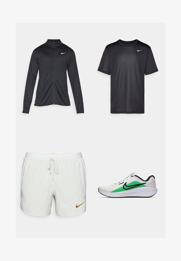 Jacket desportivo preto com mangas longas, colarinho e fecho zip completo. Apresenta um discreto logotipo da Nike em branco na parte superior do lado esquerdo do peito. Textura suave.; Camisola atlética preta de mangas curtas, gola redonda, feita de um tecido liso. Apresenta um pequeno logo branco da Nike na parte superior esquerda.; Calções de corrida cinza claro com um cós elástico e cordão. Possui dois bolsos laterais e um pequeno logótipo da Nike em bronze na parte da frente.; Shoe desportivo branco com um destaque verde, logótipo preto, parte superior em malha, sola almofadada e um salto arredondado. Apresenta atacadores e detalhes em contraste.