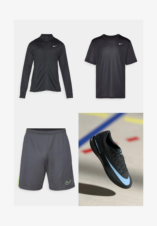 Black athletic jacket with long sleeves, collar, and full zipper. Features a subtle Nike logo in white on the upper left chest. Smooth texture.; Black athletic t-shirt with short sleeves, round neck, made of smooth fabric. Features a small white Nike logo on the upper left.; Nike Performance SHORT - Sports shorts - anthracite/volt; Black athletic shoe with blue accents, textured surface, lace-up design, and distinctive Nike logo. Rubber sole with grip patterns.