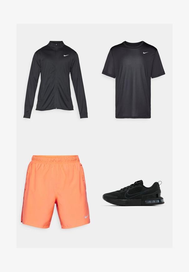 Svart idrottsjacka med långa ärmar, krage och full dragkedja. Har en diskret Nike-logga i vitt på övre vänstra bröstet. Slät yta.; Svart träningströja med korta ärmar, rund hals, tillverkad av ett slätt tyg. Har en liten vit Nike-logga på övre vänstra sidan.; Nike Performance CHALLENGER SHORT - Träningsshorts - light wild mango/vintage coral/black/reflective silver; Svarta Nike-sneakers med ovandel i mesh, texturerad sula och synlig luftenhet i hälen. Accenter och logotyp i en mörkare svart nyans.