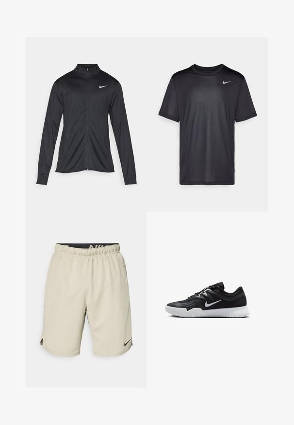 Veste de sport noire à manches longues, avec col et fermeture éclair intégrale. Présente un logo Nike subtil en blanc sur le côté supérieur gauche de la poitrine. Texture lisse.; T-shirt de sport noir à manches courtes, col rond, fabriqué en tissu lisse. Il présente un petit logo Nike blanc en haut à gauche.; Shorts de sport beiges en tissu léger, dotés d'une taille élastique, d'fentes latérales et d'un petit logo Nike noir en bas à gauche.; Chaussure de sport noire avec une tige texturée, un swoosh blanc de Nike et une semelle extérieure en caoutchouc blanc. Elle présente un design à lacets et une forme dynamique.