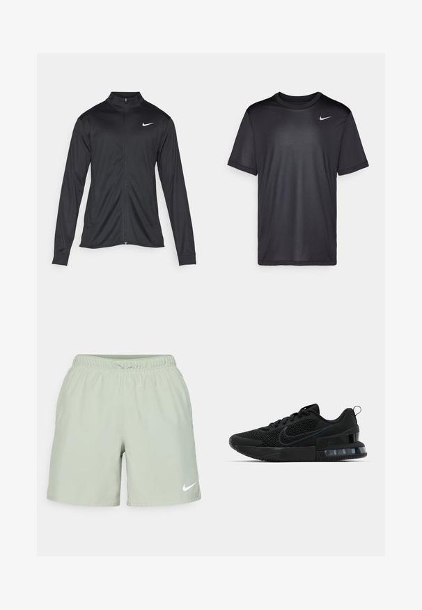 Jacket desportivo preto com mangas longas, colarinho e fecho zip completo. Apresenta um discreto logotipo da Nike em branco na parte superior do lado esquerdo do peito. Textura suave.; Camisola atlética preta de mangas curtas, gola redonda, feita de um tecido liso. Apresenta um pequeno logo branco da Nike na parte superior esquerda.; Nike Performance CHALLENGER SHORT - Calções desportivos - jade horizon/medium olive/black/reflective silver; Tênis esportivo Nike preto com parte superior em malha, sola de borracha, colarinho acolchoado e um distinto detalhe transparente no calcanhar.