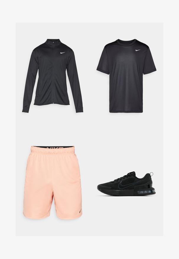 Chaqueta atlética negra con mangas largas, collar y cremallera completa. Presenta un sutil logo de Nike en blanco en la parte superior izquierda del pecho. Textura suave.; Camiseta deportiva negra de manga corta, con cuello redondo, hecha de una tela suave. Presenta un pequeño logo blanco de Nike en la parte superior izquierda.; Nike Performance TOTALITY - Pantalón corto de deporte - apricot agate/black; Zapatilla deportiva negra de Nike con parte superior de malla, suela de goma, cuello acolchado y un distintivo acento transparente en el talón.