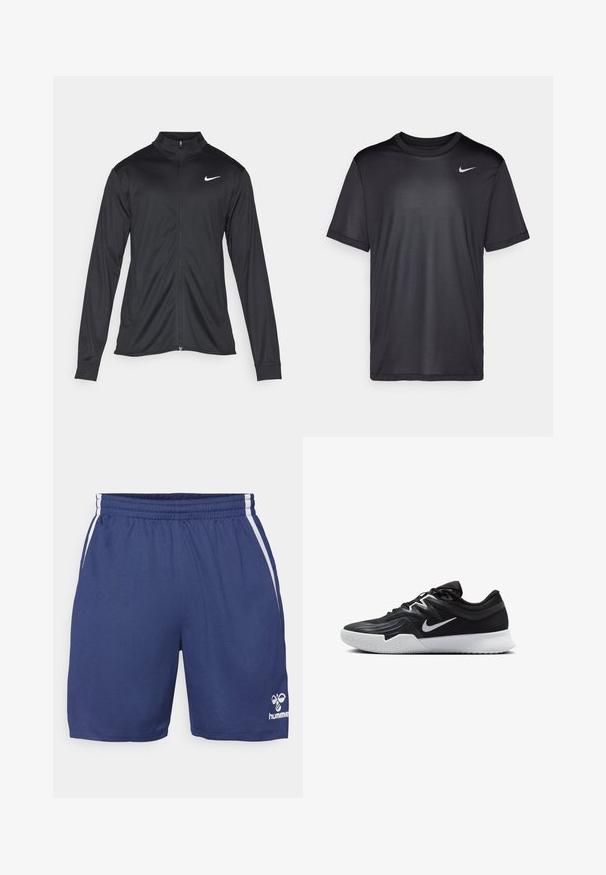 Must värvi sportlik jakk pikkade varrukatega, krae ja täispikk tõmblukk. Ülemises vasakus rinnas on diskreetne valge Nike logo. Sile tekstuur.; Must musta T-särk lühikeste varrukatega, ümmarguse kaelusega, valmistatud siledast kangast. Esipoolt kaunistab väike valge Nike logo vasakul ülaservas.; Meresinised sinised spordilühikesed püksid, mis on valmistatud tekstuuriga kangast, elastse vöökoha, valgete külgtriipude ja alumises paremas nurgas oleva logoga.; Must mustad jalanikesad rikaste ülaservaga, valge Nike swoosh'i ja valge kummist välispõhjaga. Omab paeltega sulgemisdetaili ja dünaamilist kuju.