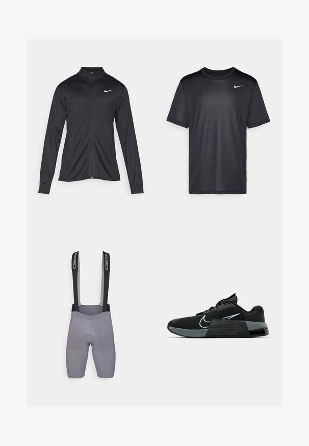 Jacket desportivo preto com mangas longas, colarinho e fecho zip completo. Apresenta um discreto logotipo da Nike em branco na parte superior do lado esquerdo do peito. Textura suave.; Camisola atlética preta de mangas curtas, gola redonda, feita de um tecido liso. Apresenta um pequeno logo branco da Nike na parte superior esquerda.; Bermudas de ciclismo cinzentas com suspensórios pretos. O tecido tem uma textura suave com costuras reforçadas e um inserto acolchoado para conforto.; Sapatilhas desportivas pretas com parte superior em malha, detalhes em cinza e entressola texturizada. Apresentam um logótipo proeminente e um design de atacadores. Sola de borracha para tração.