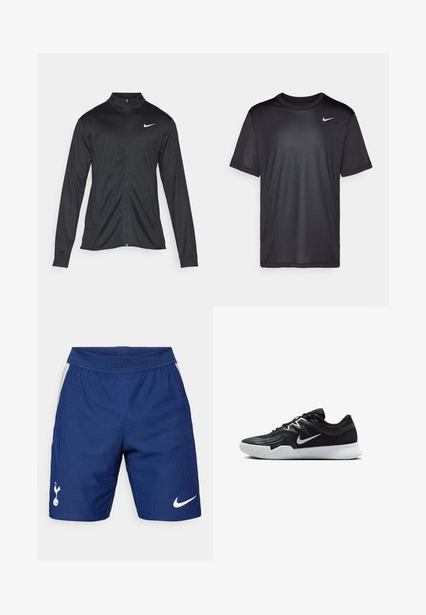 Veste de sport noire à manches longues, avec col et fermeture éclair intégrale. Présente un logo Nike subtil en blanc sur le côté supérieur gauche de la poitrine. Texture lisse.; T-shirt de sport noir à manches courtes, col rond, fabriqué en tissu lisse. Il présente un petit logo Nike blanc en haut à gauche.; Shorts de sport bleus avec une texture côtelée verticale, taille élastique et logo Nike blanc sur la jambe droite. Présente des panneaux en maille sur les côtés.; Chaussure de sport noire avec une tige texturée, un swoosh blanc de Nike et une semelle extérieure en caoutchouc blanc. Elle présente un design à lacets et une forme dynamique.