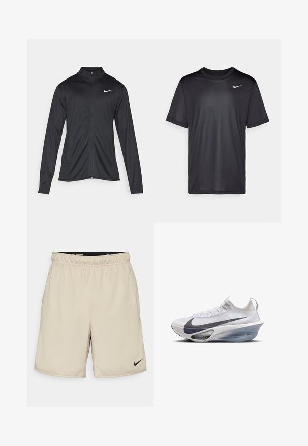 Sort atletisk jakke med lange ærmer, krave og fuld lynlås. Har et diskret Nike-logo i hvidt på den øverste venstre side af brystet. Glat tekstur.; Sort atletisk T-shirt med korte ærmer, rund hals, lavet af glat stof. Har et lille hvidt Nike-logo på øverste venstre side.; Beige sports shorts lavet af letvægtsstof med elastisk talje, der har et lille sort Nike-logo på nederste højre side.; Nike løbesko i hvid tekstil med en grå swoosh, en strømlinet form, en gennemsigtig mellemsål og synlig luftpolstring.