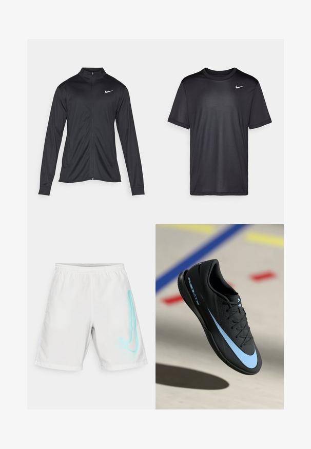 Jacket desportivo preto com mangas longas, colarinho e fecho zip completo. Apresenta um discreto logotipo da Nike em branco na parte superior do lado esquerdo do peito. Textura suave.; Camisola atlética preta de mangas curtas, gola redonda, feita de um tecido liso. Apresenta um pequeno logo branco da Nike na parte superior esquerda.; Calções de banho brancos feitos de tecido suave, com um design de logótipo em degradê azul no lado direito e uma cintura elástica.; Shoe atlético preto com detalhes azuis, superfície texturizada, design de atacadores e logótipos distintivos da Nike. Sola em borracha com padrões de aderência.