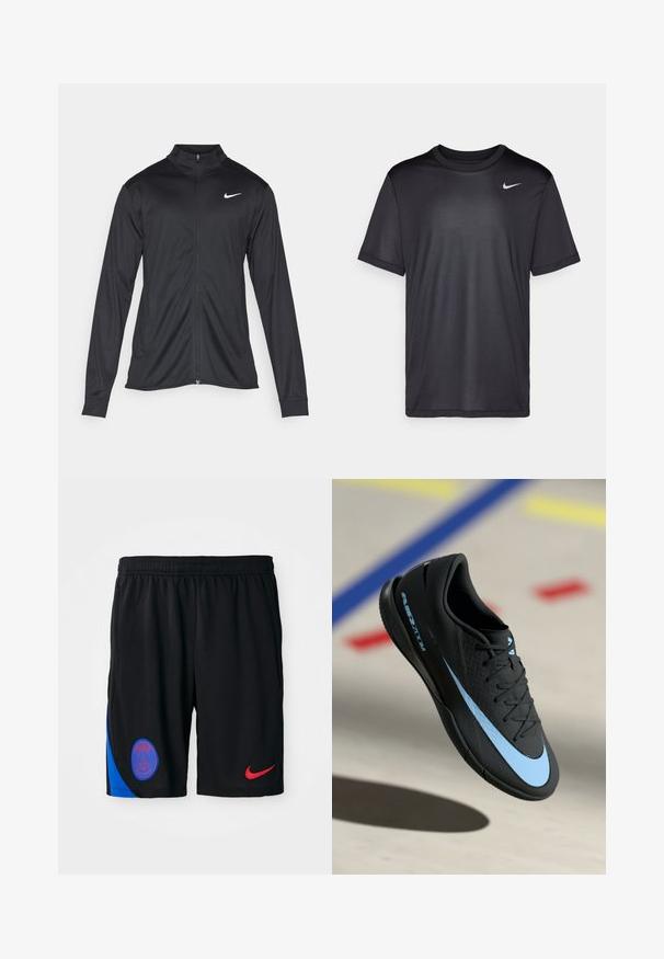 Chaqueta atlética negra con mangas largas, collar y cremallera completa. Presenta un sutil logo de Nike en blanco en la parte superior izquierda del pecho. Textura suave.; Camiseta deportiva negra de manga corta, con cuello redondo, hecha de una tela suave. Presenta un pequeño logo blanco de Nike en la parte superior izquierda.; Pantalones cortos deportivos negros hechos de una tela ligera con una cintura elástica. Presenta un panel lateral azul y el logotipo rojo de Nike. Se incluye un emblema de París.; Zapatilla deportiva negra con detalles azules, superficie texturizada, diseño de cordones y el logo distintivo de Nike. Suela de goma con patrones de agarre.