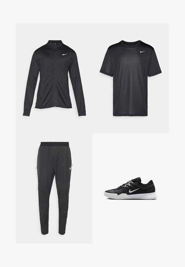Jachetă sportivă neagră cu mâneci lungi, guler și fermoar complet. Prezintă un logo Nike subtil, alb, pe pieptul din stânga sus. Textură netedă.; Tricou sportiv negru cu mâneci scurte, guler rotund, confecționat dintr-un material neted. Prezintă un mic logo alb Nike în colțul din stânga sus.; Pantaloni atletici negri din material ușor, rezistent la apă, cu un design conic, talie elastică și buzunare laterale cu fermoar.; Pantof sport negru cu un superior texturat, swoosh alb Nike și o tălpică din cauciuc alb. Dispune de un design cu șireturi și o formă dinamică.