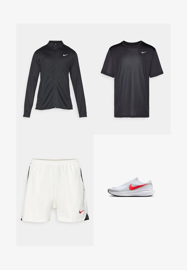 Sort atletisk jakke med lange ærmer, krave og fuld lynlås. Har et diskret Nike-logo i hvidt på den øverste venstre side af brystet. Glat tekstur.; Sort atletisk T-shirt med korte ærmer, rund hals, lavet af glat stof. Har et lille hvidt Nike-logo på øverste venstre side.; Hvide sportsshorts med sorte sideakcenter, elastisk talje og rødt Nike-logo på forsiden forneden. Glat, letvægtsstof.; Hvide mesh løbesko med en rød Nike swoosh, der har en polstret sål, rund tå og snøresystem. Sort gummisål for bedre traction.
