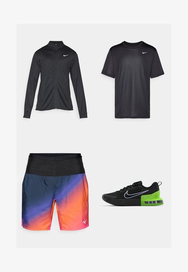 Crna sportska jakna s dugim rukavima, ovratnikom i punim patentnim zatvaračem. Ima suptilan Nike logo u bijeloj boji na gornjem lijevom dijelu prsne oznake. Glatka tekstura.; Crna atletska majica kratkih rukava, okruglog izreza, napravljena od glatkog materijala. Ima mali bijeli Nike logo na gornjem lijevom dijelu.; Muške atletske kratke hlače s degradiranim dizajnom od tamnoplave do narančaste, crnim pojasom i glatkim, laganim materijalom.; Crne atletske cipele s mrežastim gornjim dijelom, s zelenim i crnim potplatom s zračenjem, te bijelim Nike swoosh logom.