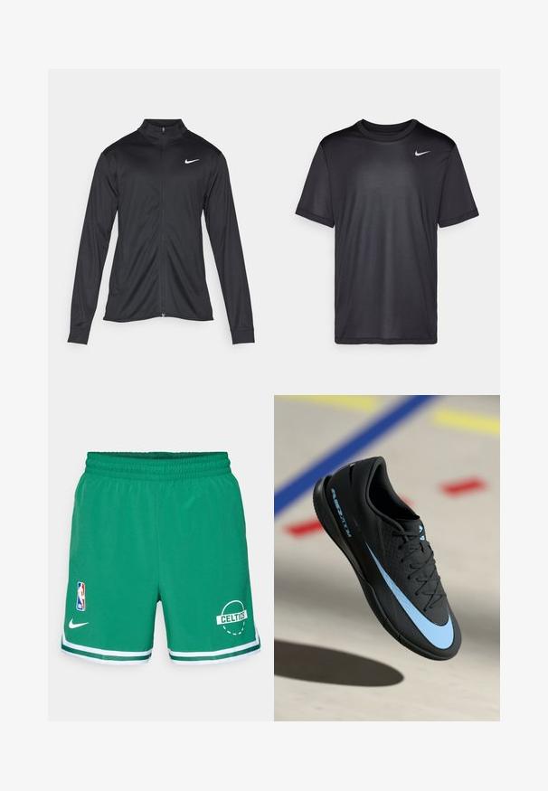 Must värvi sportlik jakk pikkade varrukatega, krae ja täispikk tõmblukk. Ülemises vasakus rinnas on diskreetne valge Nike logo. Sile tekstuur.; Must musta T-särk lühikeste varrukatega, ümmarguse kaelusega, valmistatud siledast kangast. Esipoolt kaunistab väike valge Nike logo vasakul ülaservas.; Roheline korvpallishortsid, mis on valmistatud kergest kangast. Omab elastset vööd, valgeid triibusid ääres, NBA logo ja "CELTICS" graafikat.; Mustad mustus spordijalats siniste detailidega, tekstureeritud pind, lipsudega disain ja eristuv Nike logo. Kummist talla, millel on haardemustrid.